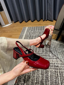 Thanh Lịch Phong Cách Pháp Bằng Sáng Chế Đầu Vuông Da Dép Xăng Đan Nữ Màu Đỏ Rượu Vang Mới Mùa Hè Thời Trang Sành Điệu Giày Đơn Gót Chunky Hở Lưng