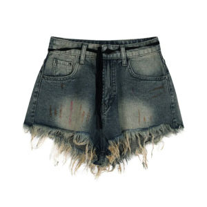 Retro American Style Denim Shorts Womens Distressed Stylish Niche Style Ultra Short Hot Pants Denim A- line Small Pants