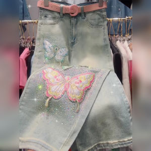 High Waist Slimming Embroidered Smoke Tube Jeans Womens Premium Quality Fashionable Traditional Chinese Style Diamond Butterfly