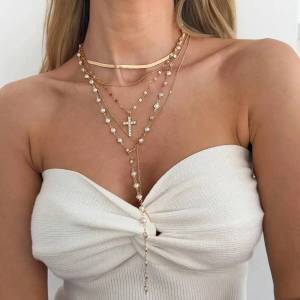 Ingemark | Ingemark 5Pcs/Set Vintage Gold Color Cross Pendant Necklace Trend Imitation Pearl Rhinestone Choker Neck Accessory Jewelry New