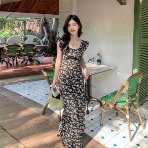 Romantic Lady Date Rose Island Black Floral Slimming Long Dress Summer New Style Pleated Skirt Street Style U-neck Linen Dress