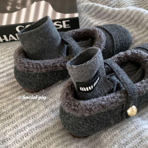 Lamb Velvet Flat Shoes Fleece Lined Mary Jane Fur Shoes Comfortable Casual Slip-On Womens Shoes for Daily Wear Winter Season