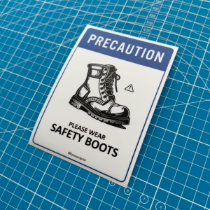 Precaution Please Wear Safety Boots. Premium Sticker. Warning. Sign Label Notice Signage. Laminated Waterproof Scratch Resistant. Suitable for Indoor and Outdoor.