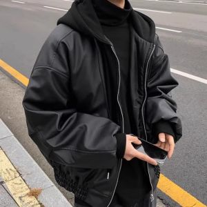 Mens Winter Thickened Leather Jacket High Street Vibe Cool Motorcycle Cotton Clothes Fashionable Urban Style Long Sleeve Hooded