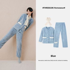 THREEGUN | Warm Plush Flannel Sleepwear Set Autumn Winter Outwear