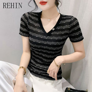 REHIN New Summer fashion mesh V-neck letter striped short-sleeved T-shirt slimming versatile top for women