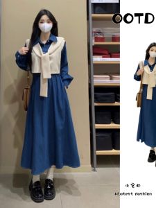 พลัสไซส์ สไตล์วิทยาลัยแก้ปัญหาอายุ เดรส ชุดสองชิ้น ผู้หญิง ฤดูใบไม้ร่วง ฤดูหนาว ดีไซน์ Sensation เสื้อกั๊ก เสื้อเชิ้ตผ้าคลุมไหล่ยาว เดรส