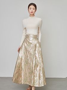 Gold Embroidered Relief Long A-Line Skirt Chinese Style Wedding Dress Tourist Photo Shoot Engagement Party Womens Skirts