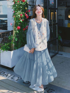 ชุดเดรสยาวแขนยาวผู้หญิง ชุดสองชิ้น ชุดเดรสยาวผ้าถักนิตติ้ง ชุดลำลอง ฤดูใบไม้ผลิ ฤดูใบไม้ร่วง ฤดูหนาว 2025 ใหม่ ชุดเดรสยาว