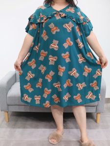 ชุดนอนผู้หญิง ชุดนอนแขนสั้นผ้าไหม ทรงหลวม หลวมๆ บางๆ สำหรับฤดูร้อน ชุดนอนผู้หญิงไซส์ใหญ่ ความยาวปานกลาง คอวี