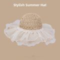 Sweet Lace Straw Women Handwoven Summer Sun Protection Travel Large Brim Beach Sunshade Hat Casual Style round Top. 