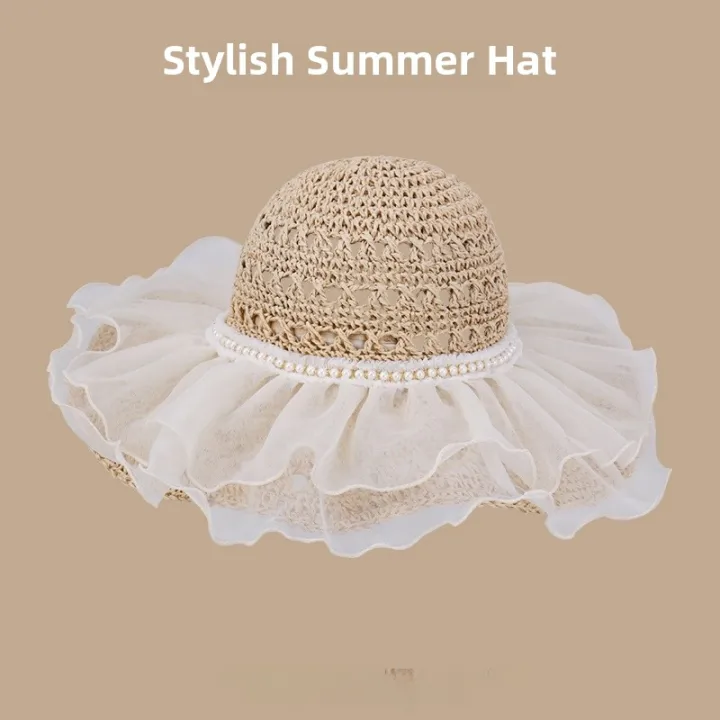 Sweet%20Lace%20Straw%20Women%20Handwoven%20Summer%20Sun%20Protection%20Travel%20Large%20Brim%20Beach%20Sunshade%20Hat%20Casual%20Style%20round%20Top%20-%20Image%207