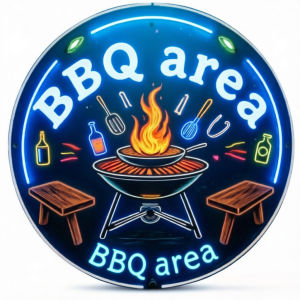 CIFbuy | 2D 1PC  Neon BBQ Area Sign – Round Metal Wall Decor for Outdoor Garden Patio & Backyard Barbecue Party