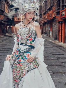 ใหม่ปรับปรุง Miao ชนเผ่า ผู้หญิง Ensemble งานแต่งงาน < Ne3> การถ่ายภาพ Travel Shoot STAGE Performance Headwear สร้อยคอ