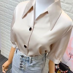 Korean style lapel silk satin mid-sleeve professional shirt Ladys plus size chiffon high quality top