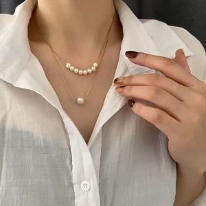 【Pharaoh🎀COD】Kalung Mutiara Lapisan Ganda Sederhana Wanita Ceruk Kalung Mewah Ringan Rantai Tulang Selangka Kelas Atas