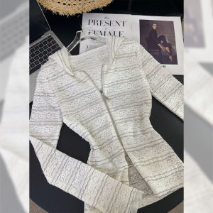 PAIBOLI | Large Size Black White Striped Lace Short Outerwear Womens Autumn Zipper Thin Long Sleeve Sun Protection Open Cardigan Slim Fit