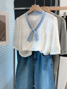 WANGGONGZHU | เสื้อยืดคอกลมแขนสั้นผ้าถักลูกไม้บางหลวมๆ สำหรับผู้หญิงในช่วงฤดูร้อน เสื้อผ้าทำงานสไตล์เกาหลี ทรงหลวมๆ สวมใส่สบาย