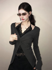 French Intellectual Style Long Sleeve T-Shirt Womens Spring Autumn Design Sense Lace Knot Splice Top V-neck Fake Two-Piece