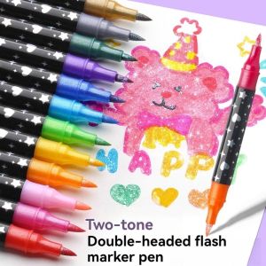 YESPERY 12Pcs Double Headed Glitter Marker Highlighter Pen Set Student Art Drawing Pen Key Marking Soft Head Glitter Marker Pen