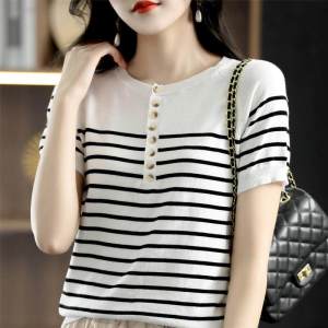 Black and White Striped Summer Round Neck Lightweight Short Sleeve T Shirt