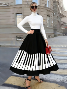 Printed Design suitable for all four seasons Piano Keys Pattern Print Skirt resort style elegant style womens half skirt