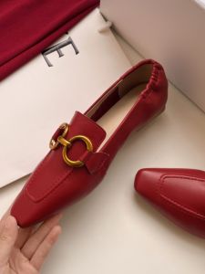 Leather Flat Shoes Womens Spring Season Red Color Casual Style Metal Buckle Fashionable Comfortable Footwear for Ladies