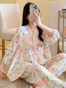 Sleeve Seven Cotton Sleepwear Set Summer Thin Wearable Outside Floral