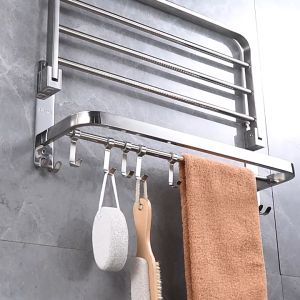[Buy 1 get 1 free] 304 Stainless Steel Towel Rack Foldable Towel Holder Wall Mounted Bathroom Shelf Organizer Towel Holder for Bathroom Toilet Accessories No Hole Installation