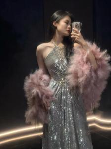 Elegant Long Evening Gown for Women with Feather Shawl Heavy Embroidery Silver Sequins Neck Hanging Style Wedding Dress