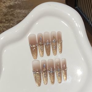 Autumn Winter Glitter Gold Champagne Cat Eye Nail Diamonds Gemstones New Year Bare Color Long Sharp Handmade Wearable Nails