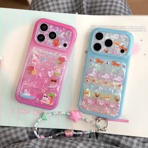 Sanrio | Ốp Điện Thoại Chống Sốc Sanrio Hello Kitty Lấp Lánh Dành Cho iPhone 15/16/17 Pro Max Có Dây Đeo Tay Cửa Sổ Camera Lớn Dễ Thương Kiểu Kawaii Chất Liệu Silicon Dành Cho Nữ