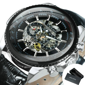 WINNER กีฬาโครงกระดูกนาฬิกาอัตโนมัติสำหรับชายตัวชี้ส่องสว่างทหารสตีมพังค์นาฬิกากลไกหรูหราสายหนัง 2025