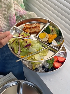 จานอาหารสแตนเลส วัสดุSUS304 จานแบ่งช่อง ถาดหลุม3ช่อง จานข้าวแบ่งช่อง