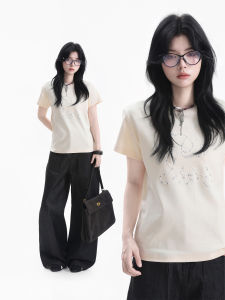 zuocisankon | Design Cute Dog Pearl Beaded Short Sleeve Tee