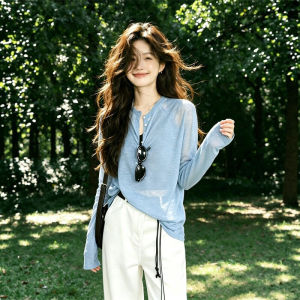 CHOEFULYN | Dopamine Green Henry Neck Long Sleeve Tshirt Summer Sunproof Slightly See-through Light Thin