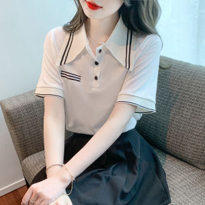 AMMIN Áo Thun Chui Đầu Mới Mùa Hè Áo Thun Cotton Khâu Đường May Cá Tính Thời Trang Màu Trơn Đơn Giản Phong Cách Phiên Bản Hàn Quốc Cho Nữ Cổ Áo POLO Ngắn Tay Thường Ngày Áo Kiểu Thoải Mái