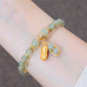 Stylespot⚡ Gelang kacang yang indah / gelang batu akik imitasi / gelang rantai emas hijau giok Hetian alami / liontin doudou gaya vintage