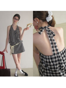 Plaid Halter Backless Top A-Line Skirt Summer Vacation Leisure Set