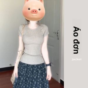 YUEZHONGWEI | Áo thun tay ngắn cổ tròn màu xám Ice Silk cho nữ mùa hè siêu đẹp độc đáo ôm vừa vặn ngắn phong cách Hàn Quốc