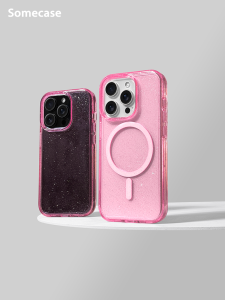 Somecase Glitter Magnetic Phone Case for  17ProMax Red Pink Sparkle Powder Anti-Drop Full Cover Acrylic Protective Shell