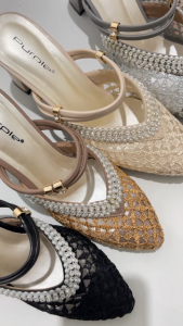 Sepatu Pesta Wanita Elegan Bahan Import Lace Mutiara Hak Tebal Kokoh Nyaman Formal Kerja Casual