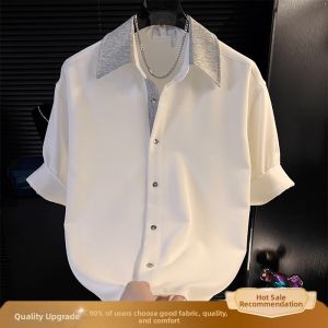 Summer Trendy Ice Silk Loose Fit Short Sleeve Shirt Mens Korean Style Half Sleeve Button up Standard Tailoring Cotton Polyester Blend