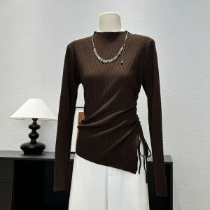 Slim Fit Long Sleeve Knitted Top Womens High Neck Inner Wear Design Sense Half High Collar Autumn Winter New Style Waist Cinching Asymmetric Base Shirt