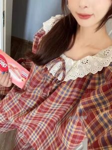 Spring Autumn Sweet Korean Style Long Sleeve Lace Trim Loose Home Clothes Set for Women Student Pyjamas Checkered Print Cotton