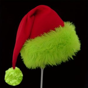 Green and red fuzzy faux fur Christmas tree party hat with white poinsettia-shaped balls - suitable for car trunks