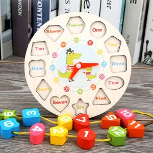 [KST] Mainan Edukasi Jam Kayu Puzzle Bentuk Geometri Meronce Anak Belajar Waktu Angka Warna