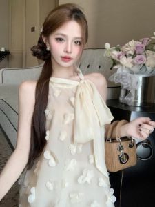 GUZILIAN | Korean Style Spicy Girl Bow Tie 3D Flower Hanging Neck Vest Unique Beautiful Small Shirt Pure Desire Shoulder Exposure Fashionable Chiffon Top