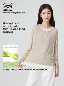 MiiOW | Catwoman Summer New Style Color Block Long Sleeve Slim Fit Women Base Shirt T-shirt Shoulder Length Matched Two-Piece Top