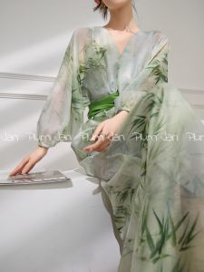 PlumJan | Đầm Maxi Mùa Hè In Tre Trung Quốc Cổ V Đai Dây ở Eo